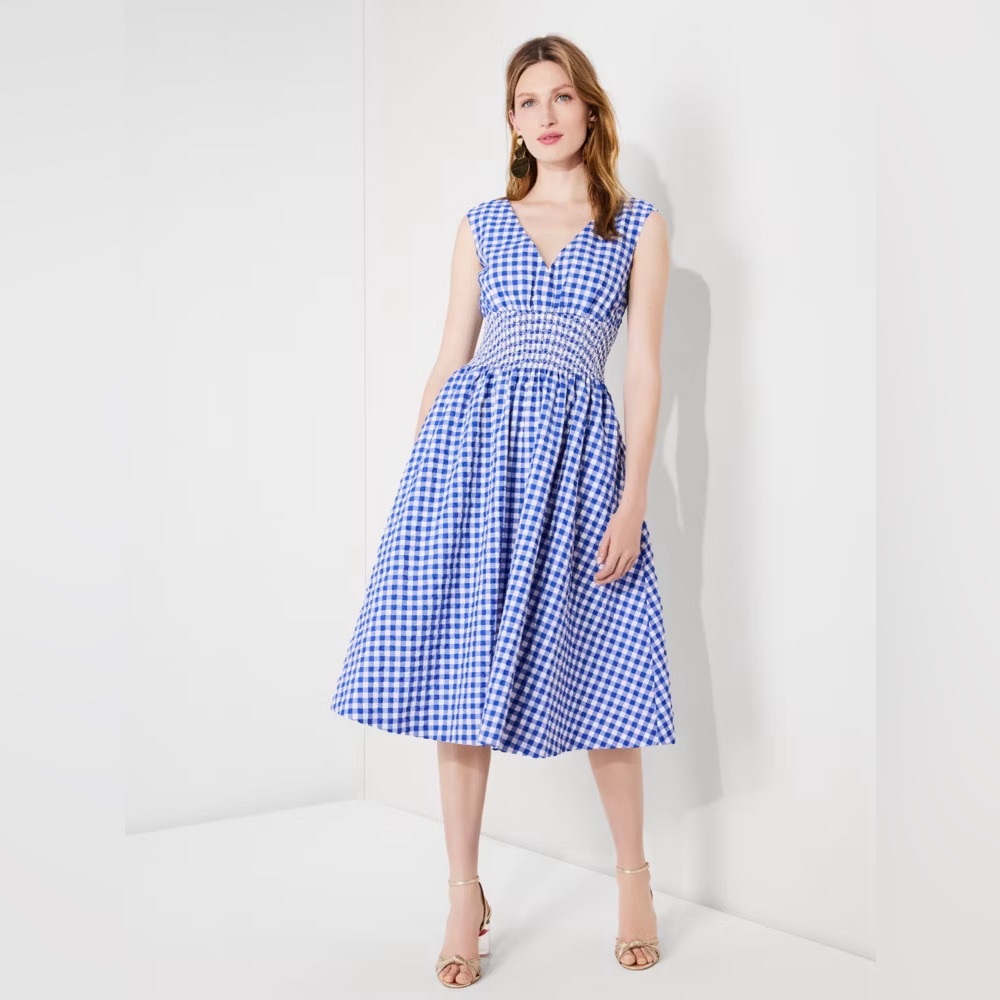 Kate Spade Gingham Smocked-waist Dress, Blue, Size Small
